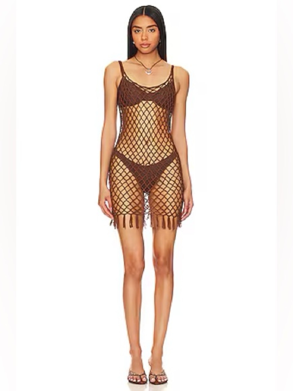 Superdown Alana Open Knit Crochet Mini Dress Brown